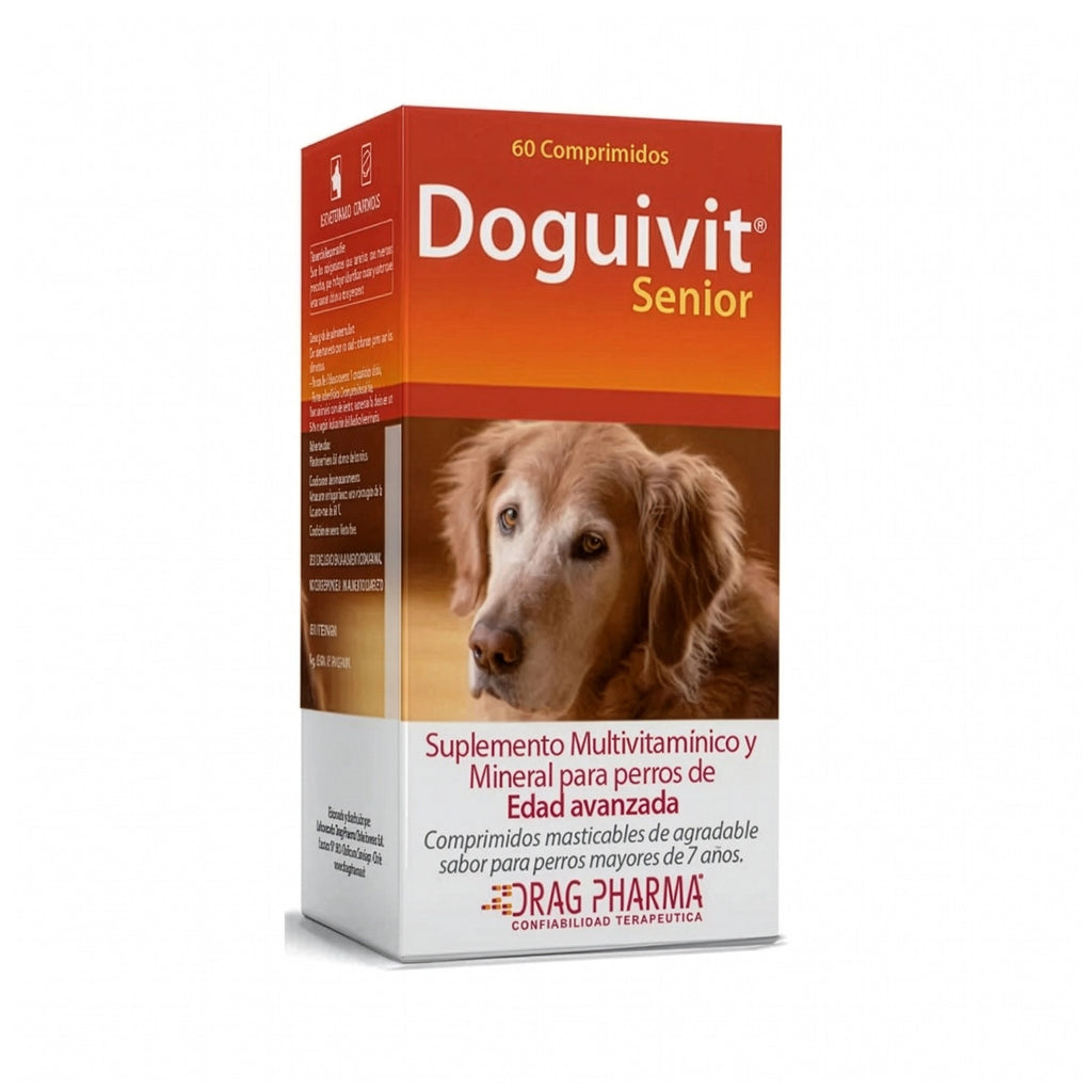 Doguivit Senior Multivitamínico en caja con perro adulto y suplemento mineral para perros mayores de 7 años.