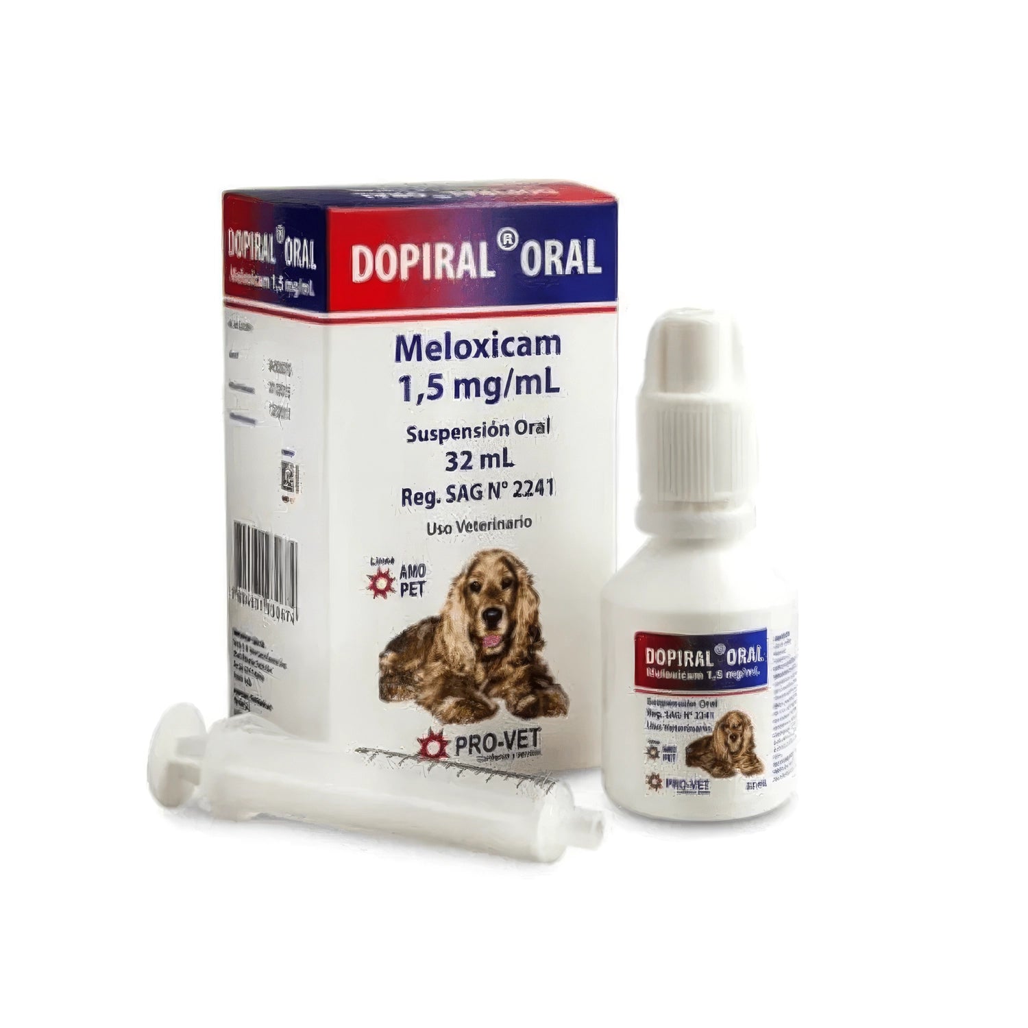 Dopiral Suspensión Oral 1,5 mg/mL para perros, frasco de 32 mL con meloxicam, jeringa dosificadora y caja del producto.