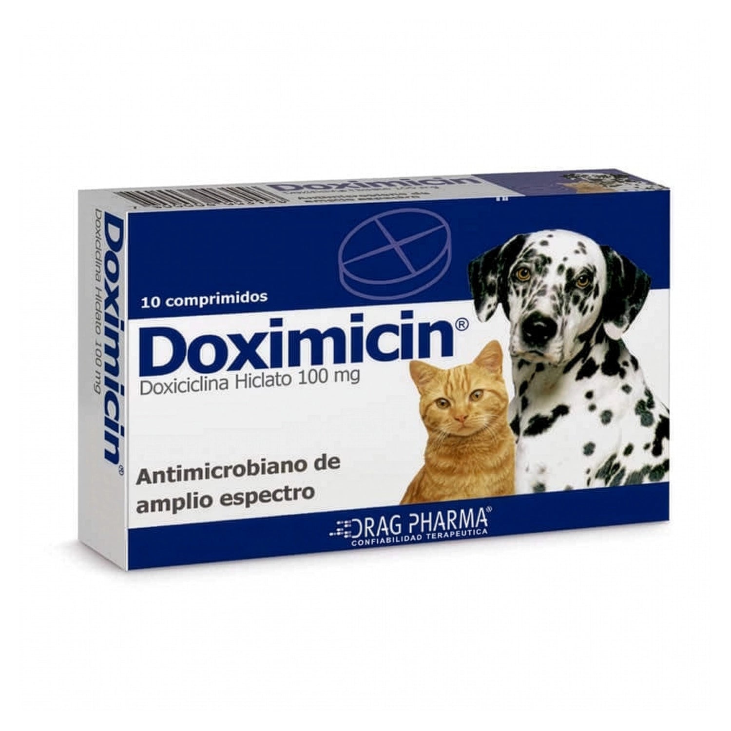 Presentación de Doximicin 100 mg Comprimido oral Drag Pharma con 10 comprimidos y diseño azul para mascotas.