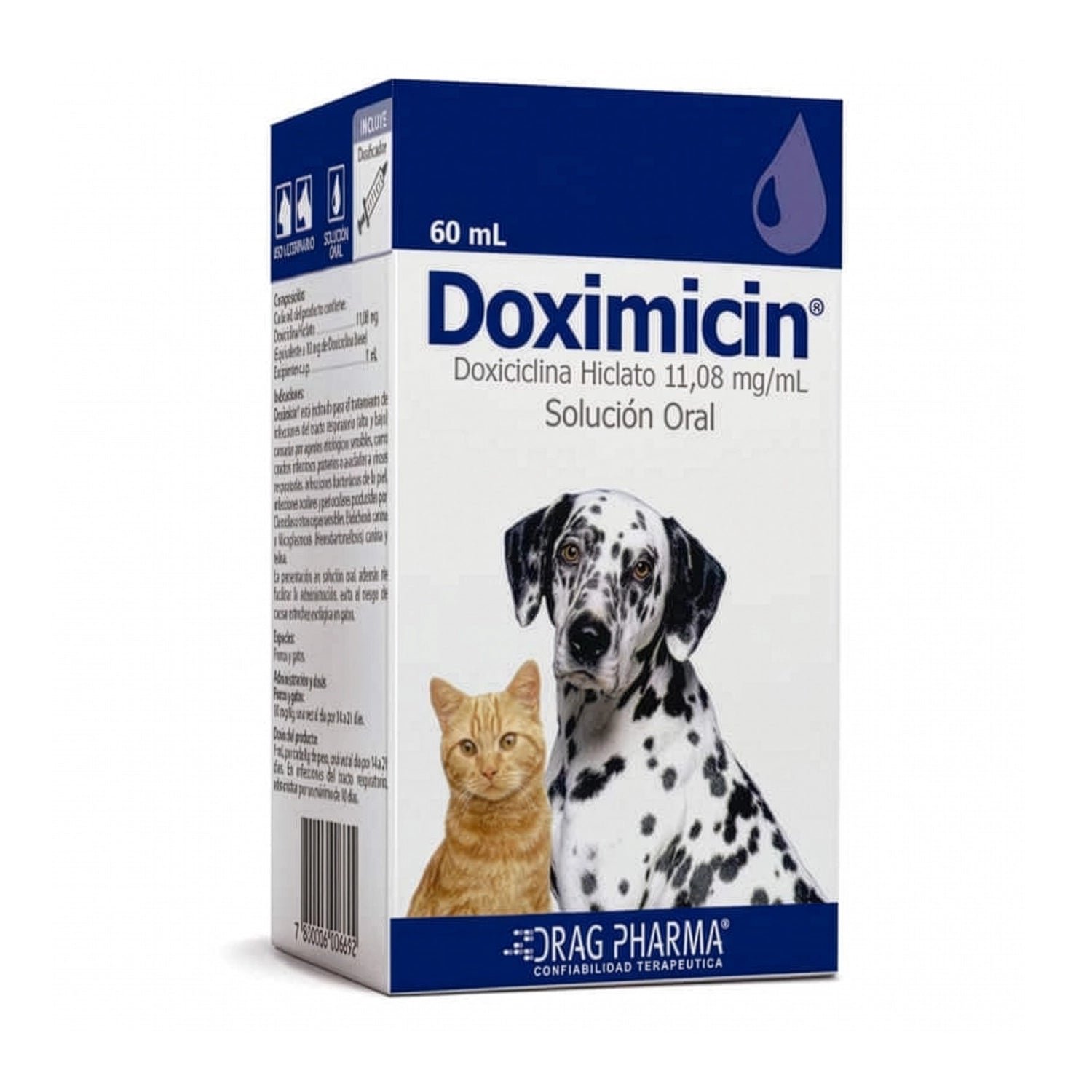 Doximicin Solución Oral veterinaria de 60 mL con doxiciclina, caja con ilustración de perro dálmata y gato.