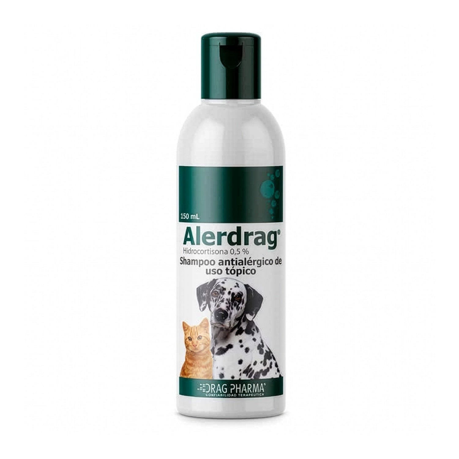 Shampoo Alerdrag Drag Pharma 150 ml en frasco dermatológico para perros y gatos con acción antialérgica tópica.