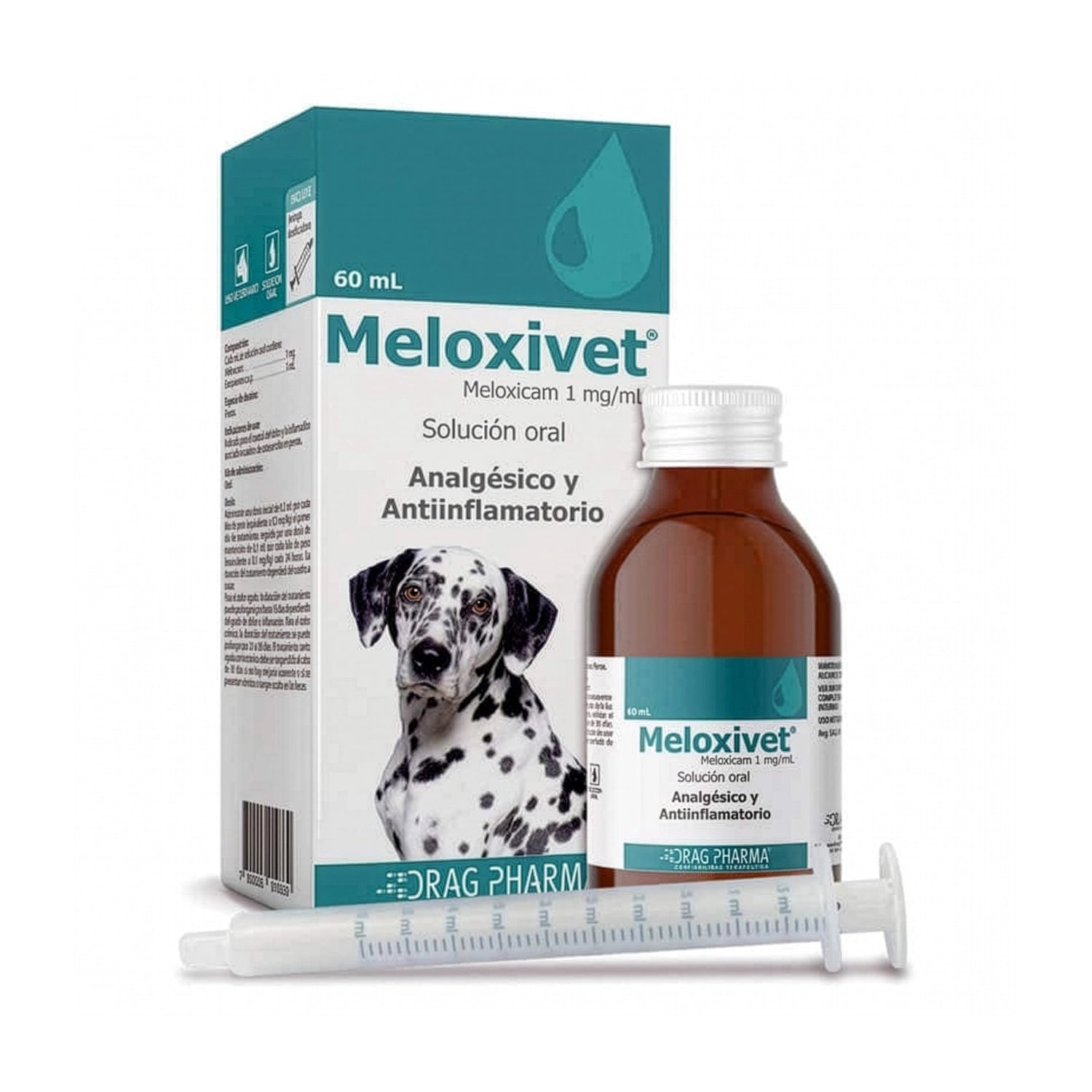 Meloxivet Solución Oral en frasco y caja de 60 mL con jeringa dosificadora para perros, analgésico antiinflamatorio.