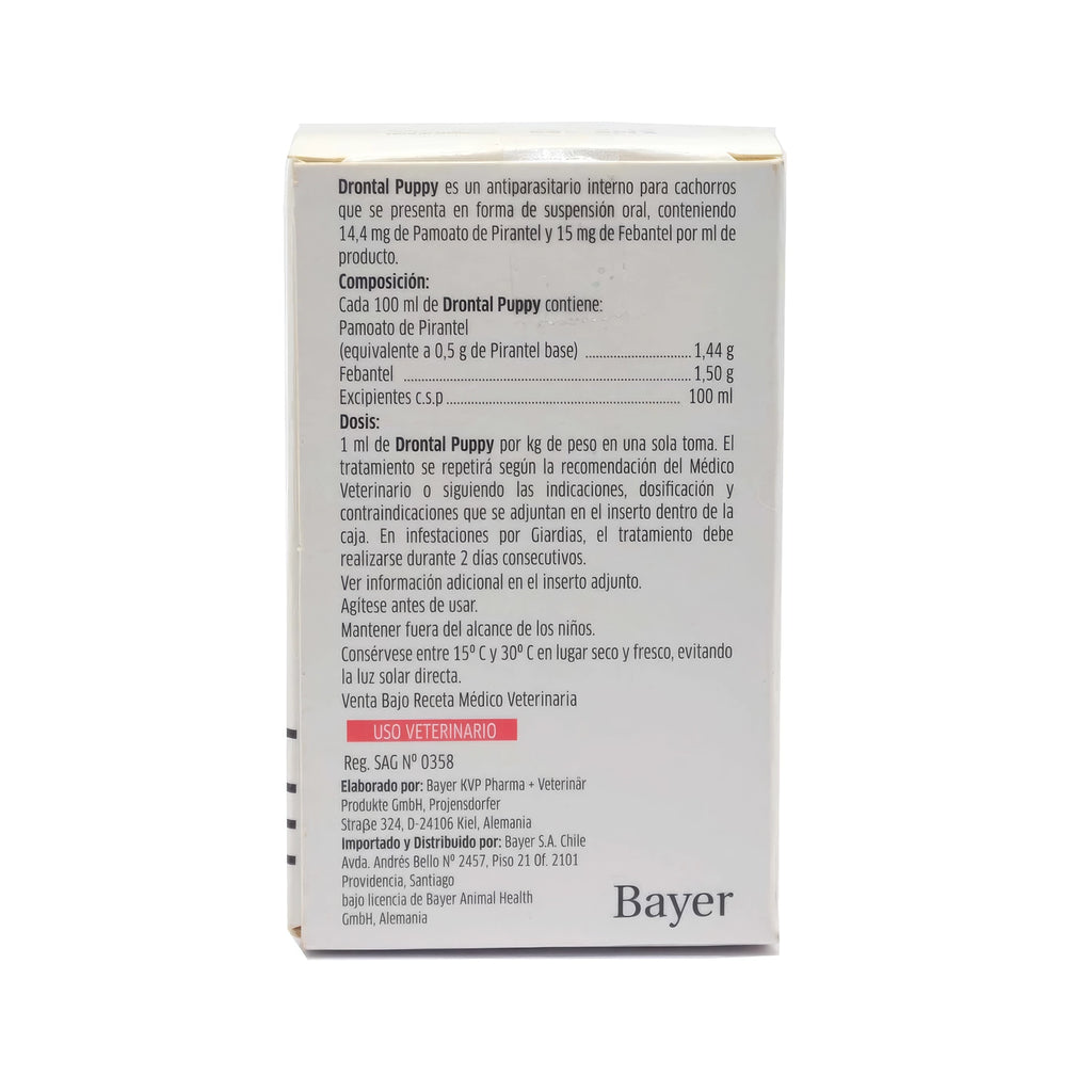 Antiparasitario DRONTAL PUPPY para Cachorros Bayer, suspensión oral de 20 ml para el control de parásitos internos.