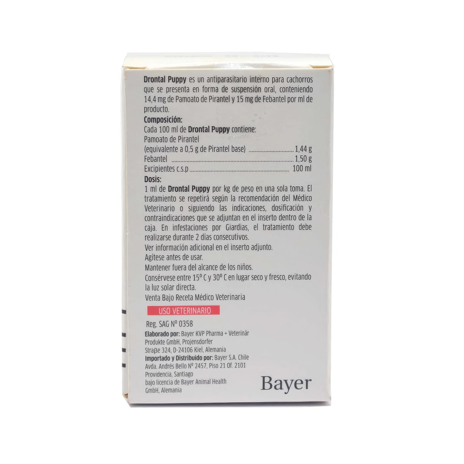 Antiparasitario DRONTAL PUPPY para Cachorros Bayer, suspensión oral de 20 ml para el control de parásitos internos.