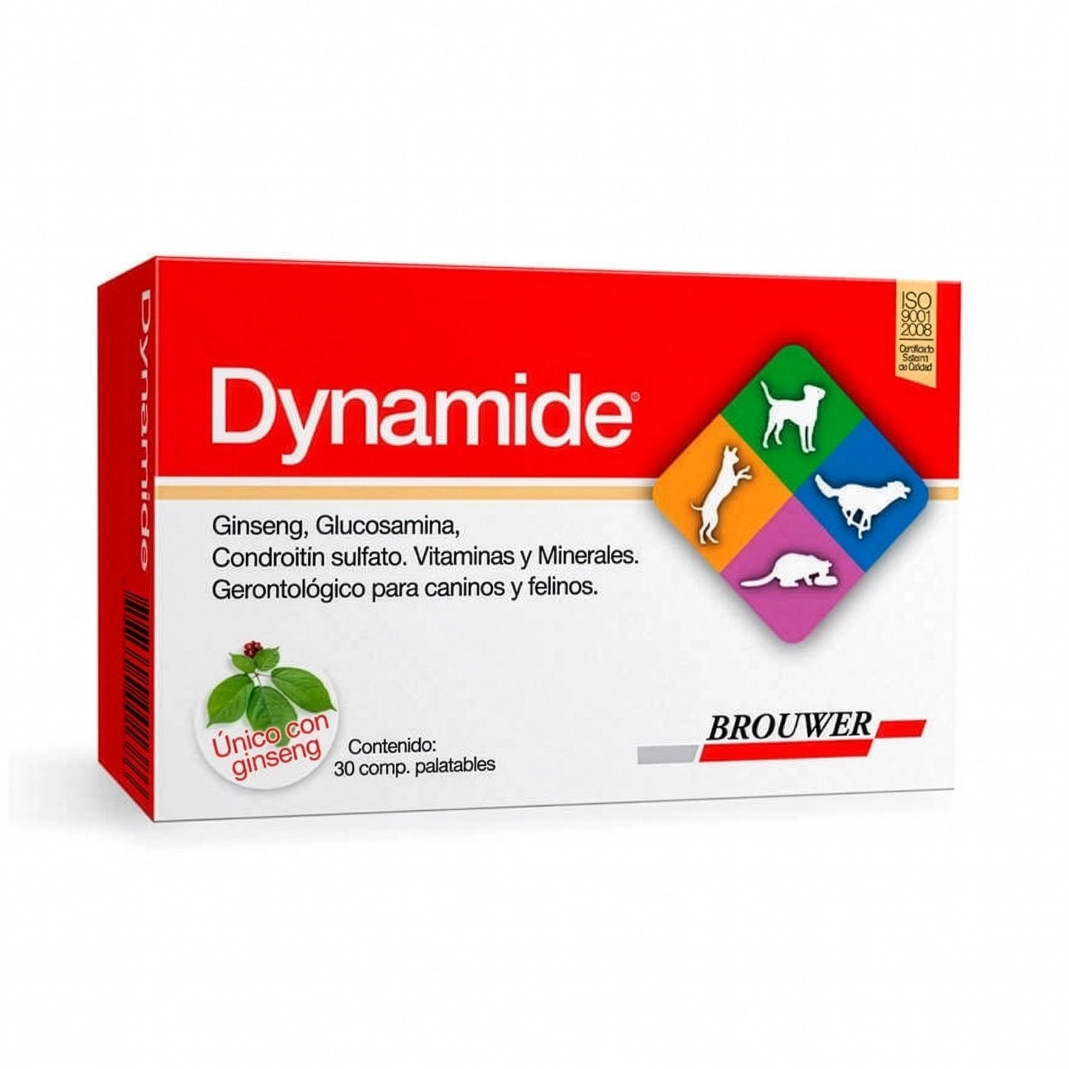 Dynamide suplemento gerontológico para caninos y felinos en caja con ingredientes como ginseng y condroitín sulfato.