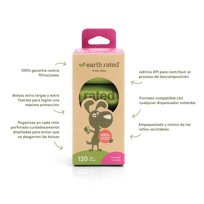 Earth Rated Bolsas 13x9cm Eco Friendly Aroma Lavanda - 120 Bolsas - 8 Rollos