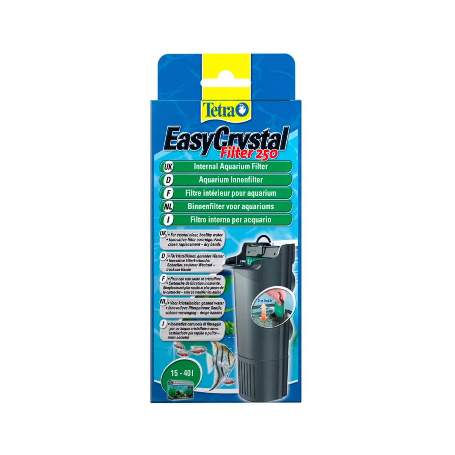 Tetra Easy-Crystal 250 Filtro Acuarios de color negro con diseño interno compacto, ventosas laterales y cartucho filtrante visible.