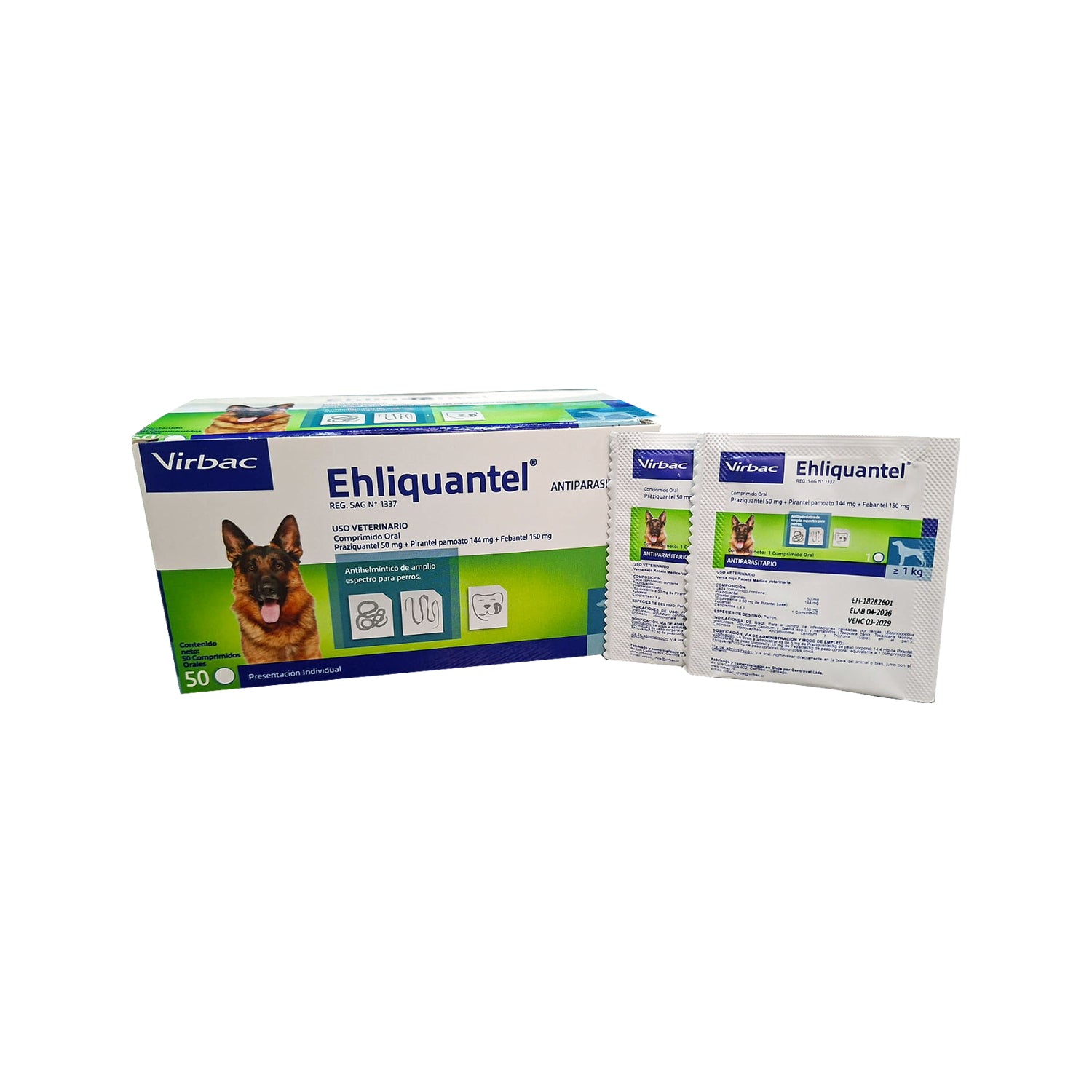 Antiparasitario Interno Ehliquantel para Perros, comprimido oral Virbac de amplio espectro presentado en envase individual.