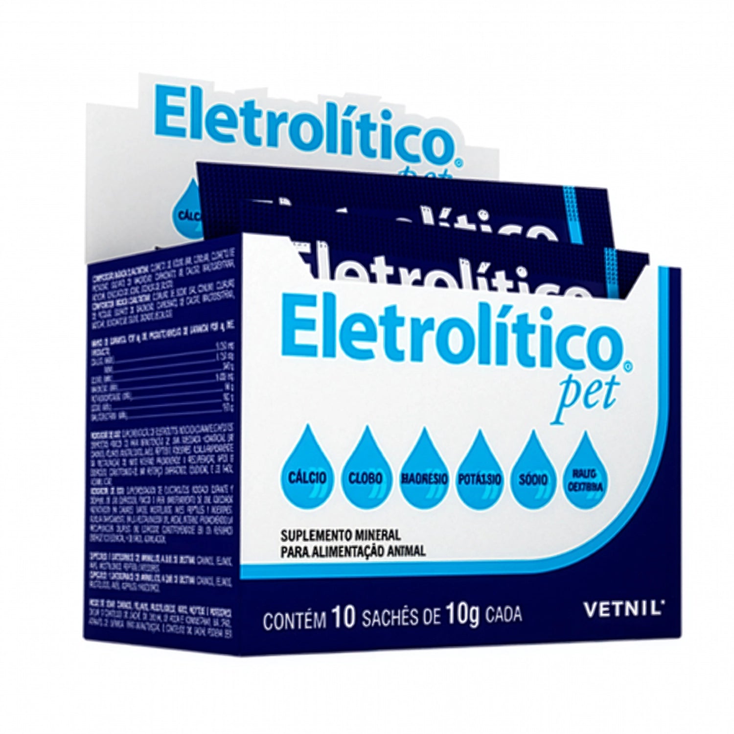 Electrolítico Pet  con envase azul y minerales esenciales para hidratación y suplementación animal.