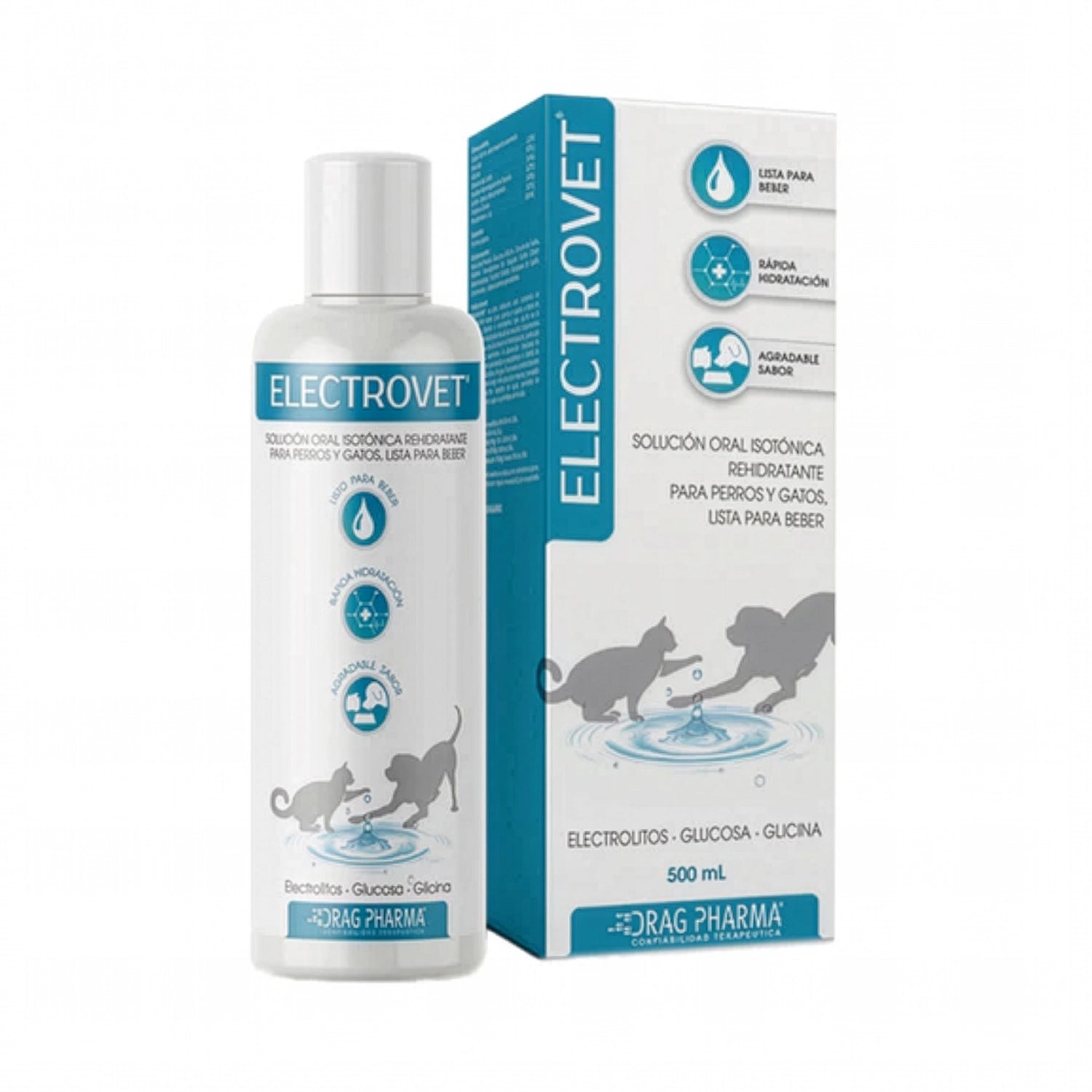 Electrovet Solución Oral rehidratante para perros y gatos en presentación de 500 ml con electrolitos y glucosa.