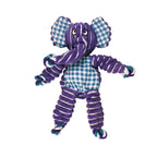 Peluche "Floppy Knots" Elephant Kong con forma de elefante morado, cuerpo a cuadros azules y patas de cuerda para perros.