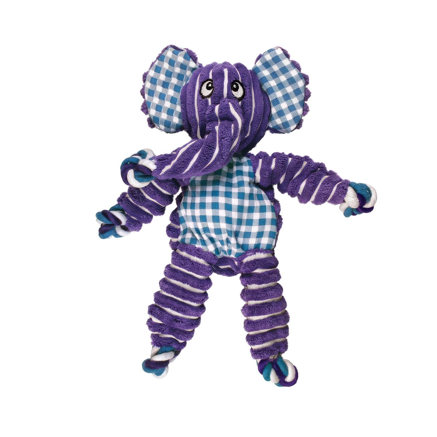 Peluche "Floppy Knots" Elephant Kong con forma de elefante morado, cuerpo a cuadros azules y patas de cuerda para perros.