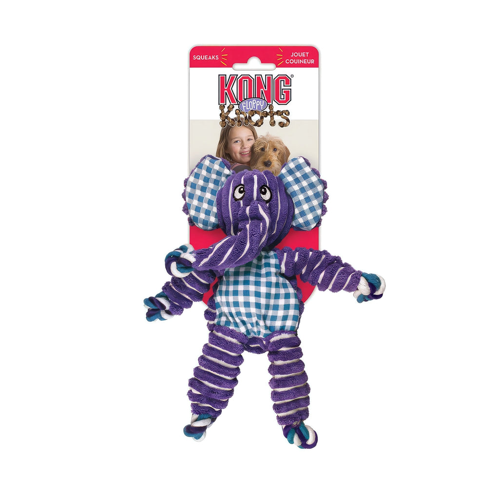 Peluche "Floppy Knots" Elephant Kong con forma de elefante morado, cuerpo a cuadros azules y patas de cuerda para perros.