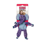 Peluche "Floppy Knots" Elephant Kong con forma de elefante morado, cuerpo a cuadros azules y patas de cuerda para perros.
