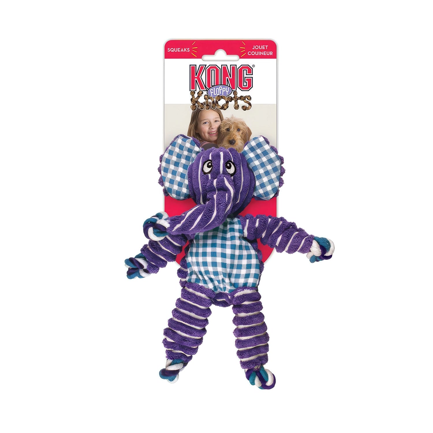 Peluche "Floppy Knots" Elephant Kong con forma de elefante morado, cuerpo a cuadros azules y patas de cuerda para perros.