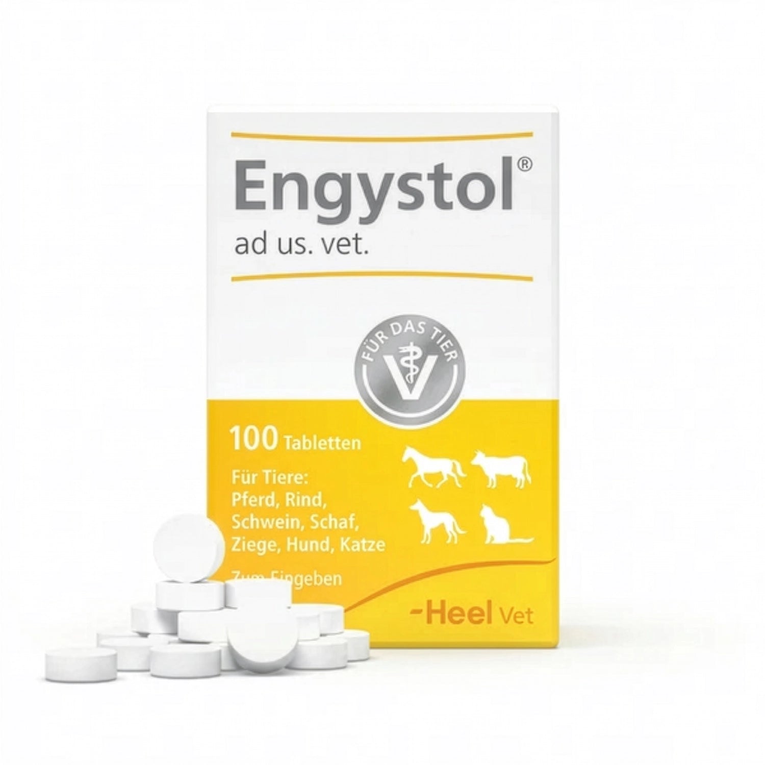 Heel Vet Engystol 100 Comprimidos en caja amarilla y blanca con tabletas veterinarias para múltiples especies.