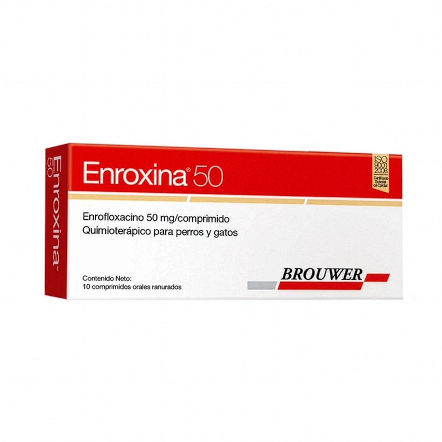 Enroxina 50 mg en caja farmacéutica roja y blanca para perros y gatos, con enrofloxacino en comprimidos orales.