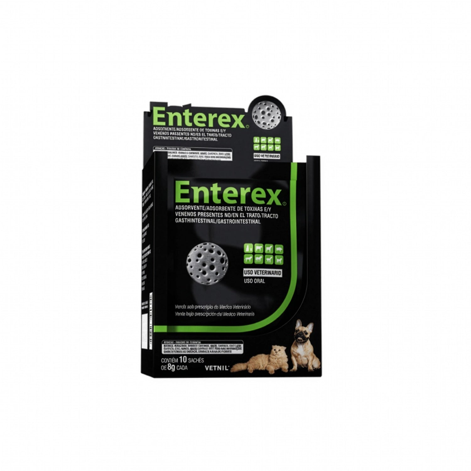 Enterex Sobre 8 g de Vetnil, producto veterinario de uso oral en envase negro y verde para distintas especies animales.