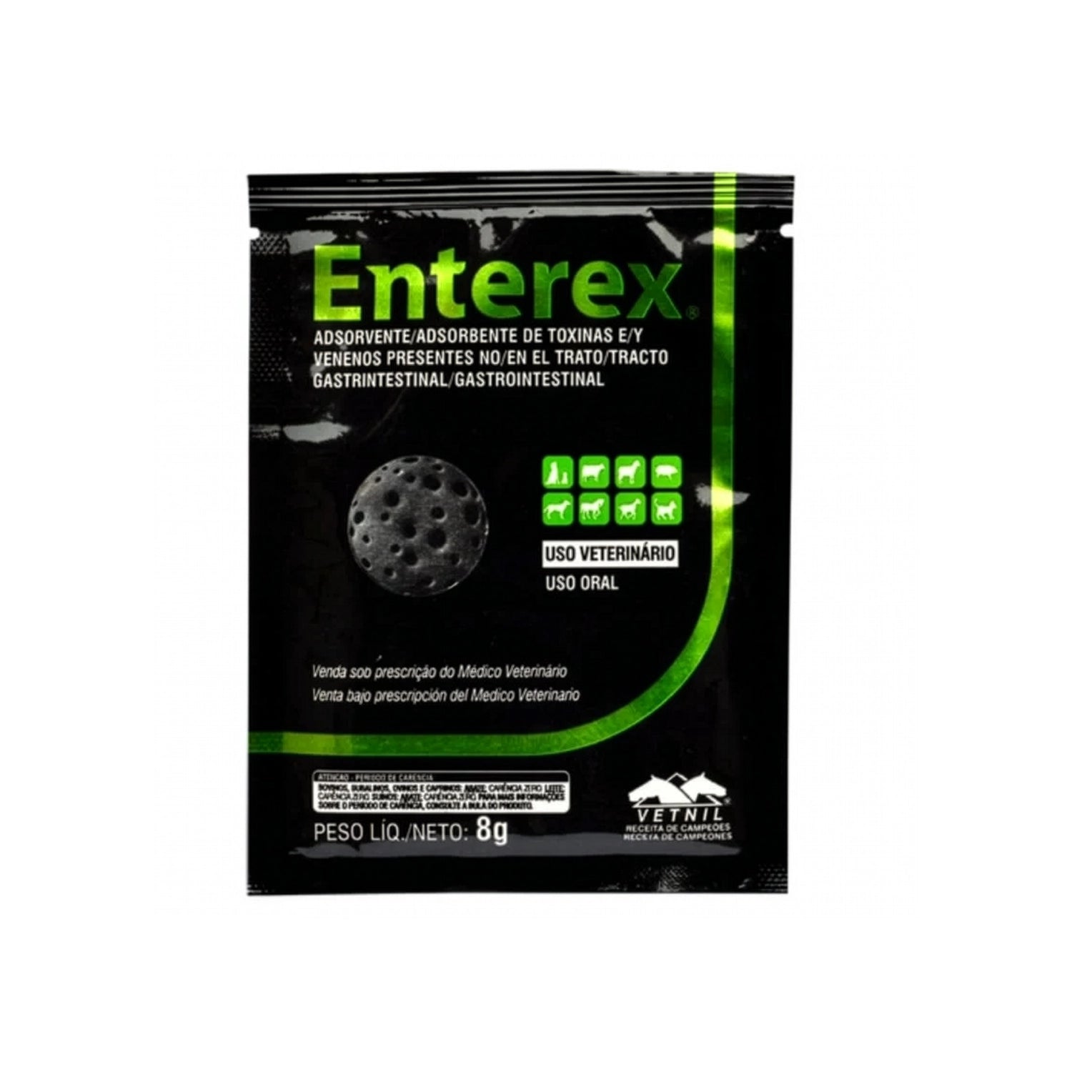 Enterex Sobre 8 g de Vetnil, producto veterinario de uso oral en envase negro y verde para distintas especies animales.