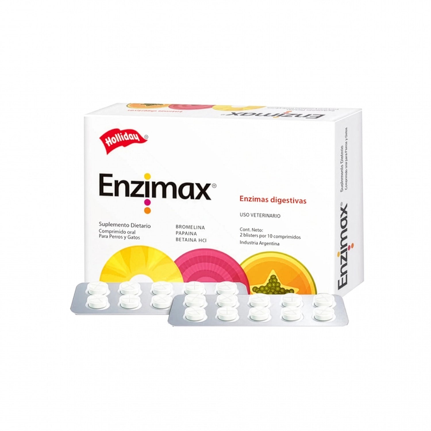 Enzimax Holliday en caja con comprimidos y enzimas digestivas para perros y gatos de uso veterinario diario.