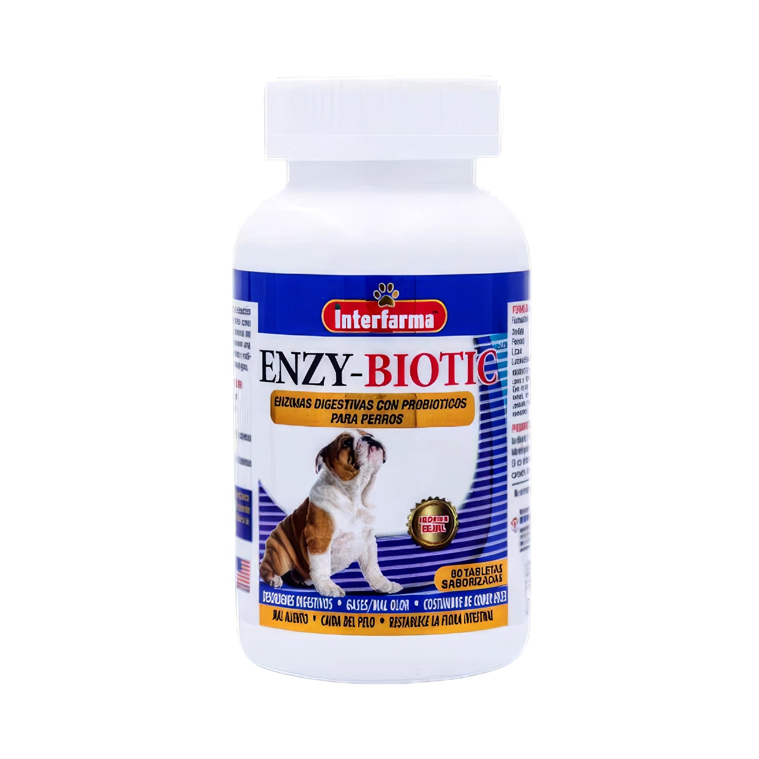 Enzy-Biotic en frasco blanco con etiqueta azul y perro ilustrado, enzimas digestivas con probióticos para perros.