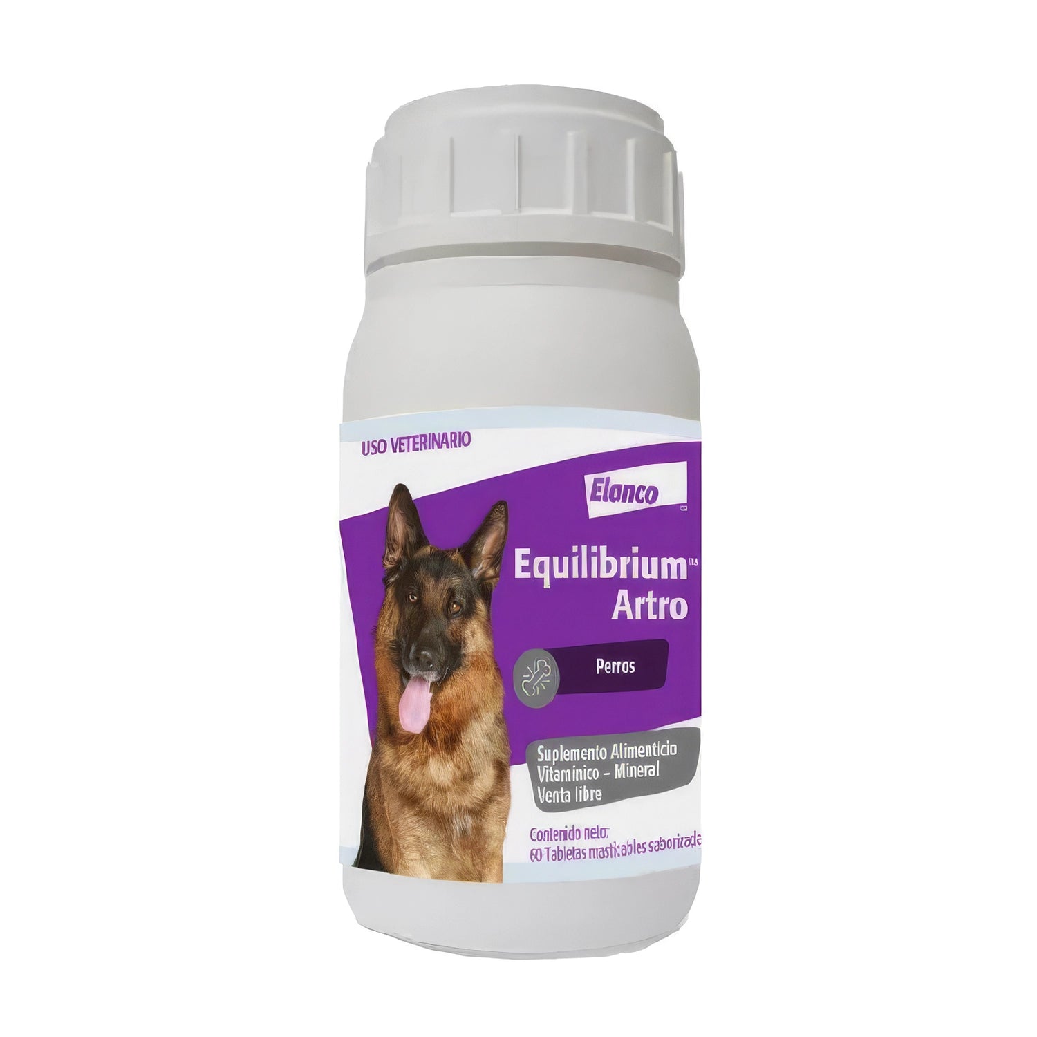 Equilibrium Artro suplemento alimenticio para perros con imagen de pastor alemán y presentación de 60 tabletas.