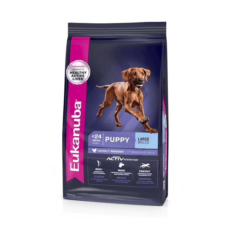 Eukanuba Cachorro Razas Grandes alimento seco en bolsa azul con franja rosada, imagen de perro cachorro y beneficios nutricionales