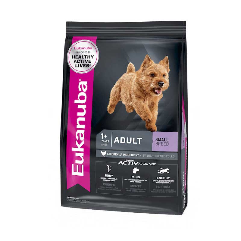Eukanuba Perro Adulto Razas Pequeñas saco de comida premium con perro pequeño, diseño oscuro y etiqueta Adult Small Breed