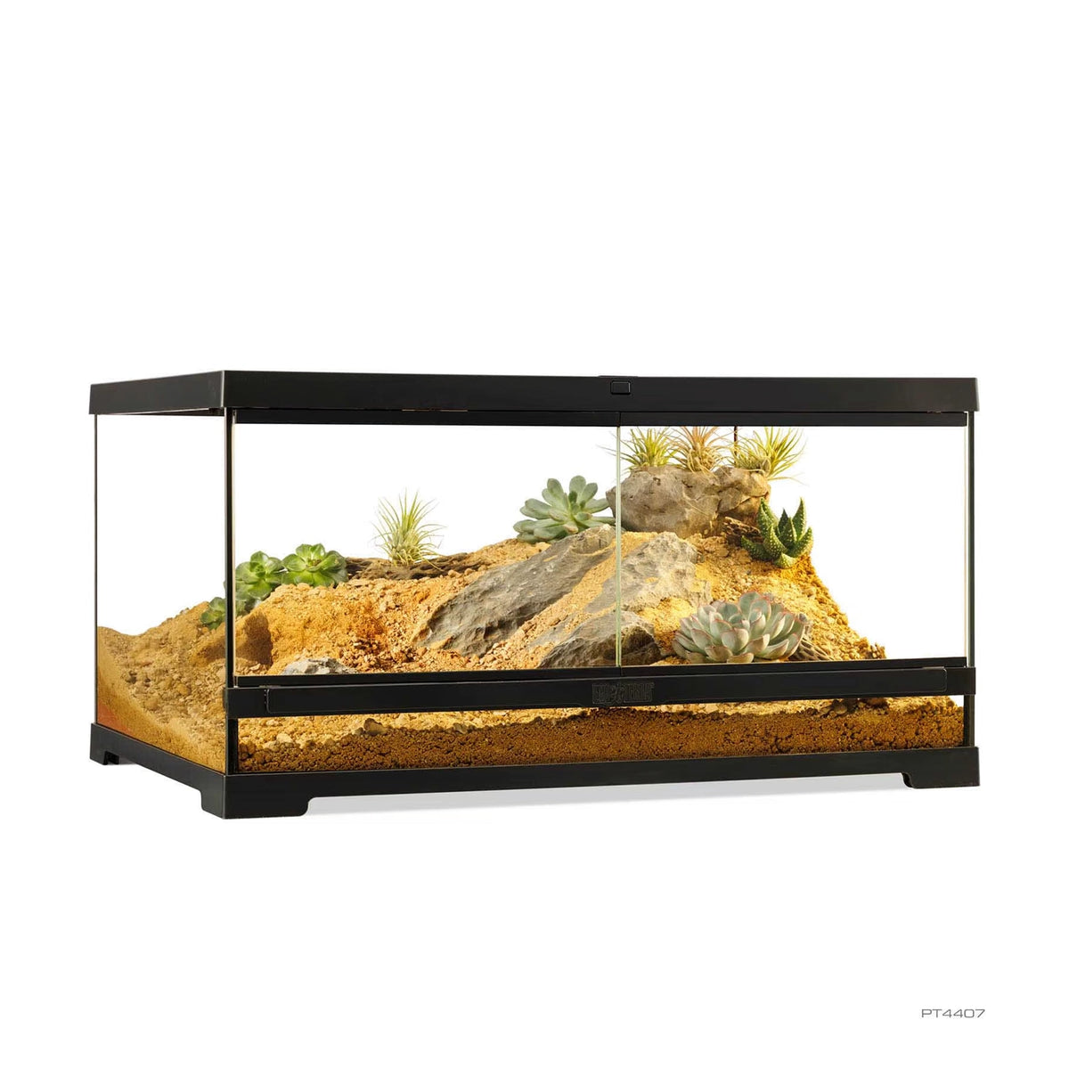 Exo Terra Pro Terrario Medium Bajo, terrario de vidrio con marco negro, puertas frontales, sustrato, rocas y plantas.