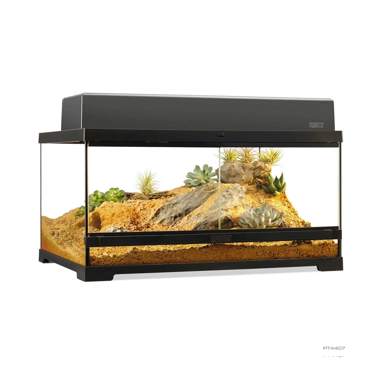 Exo Terra Pro Terrario Medium Bajo, terrario de vidrio con marco negro, puertas frontales, sustrato, rocas y plantas.