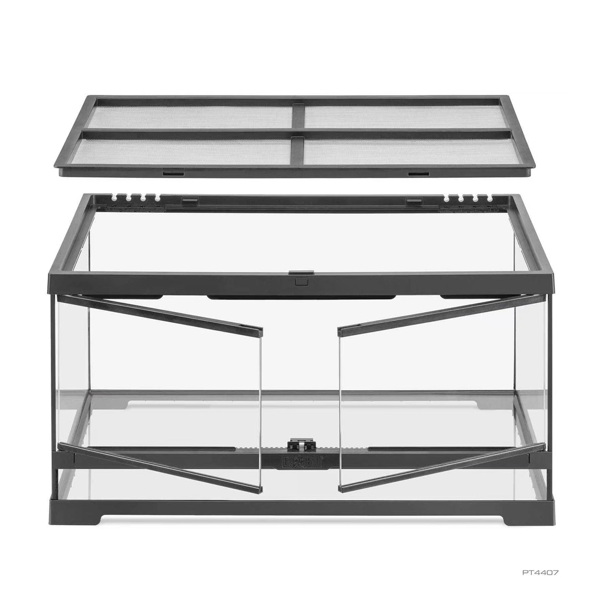 Exo Terra Pro Terrario Medium Bajo, terrario de vidrio con marco negro, puertas frontales, sustrato, rocas y plantas.