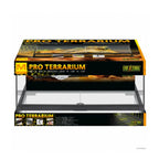 Exo Terra Pro Terrario Medium Bajo, terrario de vidrio con marco negro, puertas frontales, sustrato, rocas y plantas.