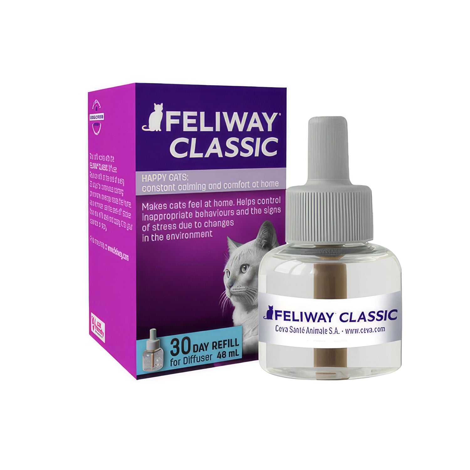Feliway Classic Repuesto de 48 ml para difusor, con botella y caja visibles, ayuda a reducir el estrés y promover bienestar felino.