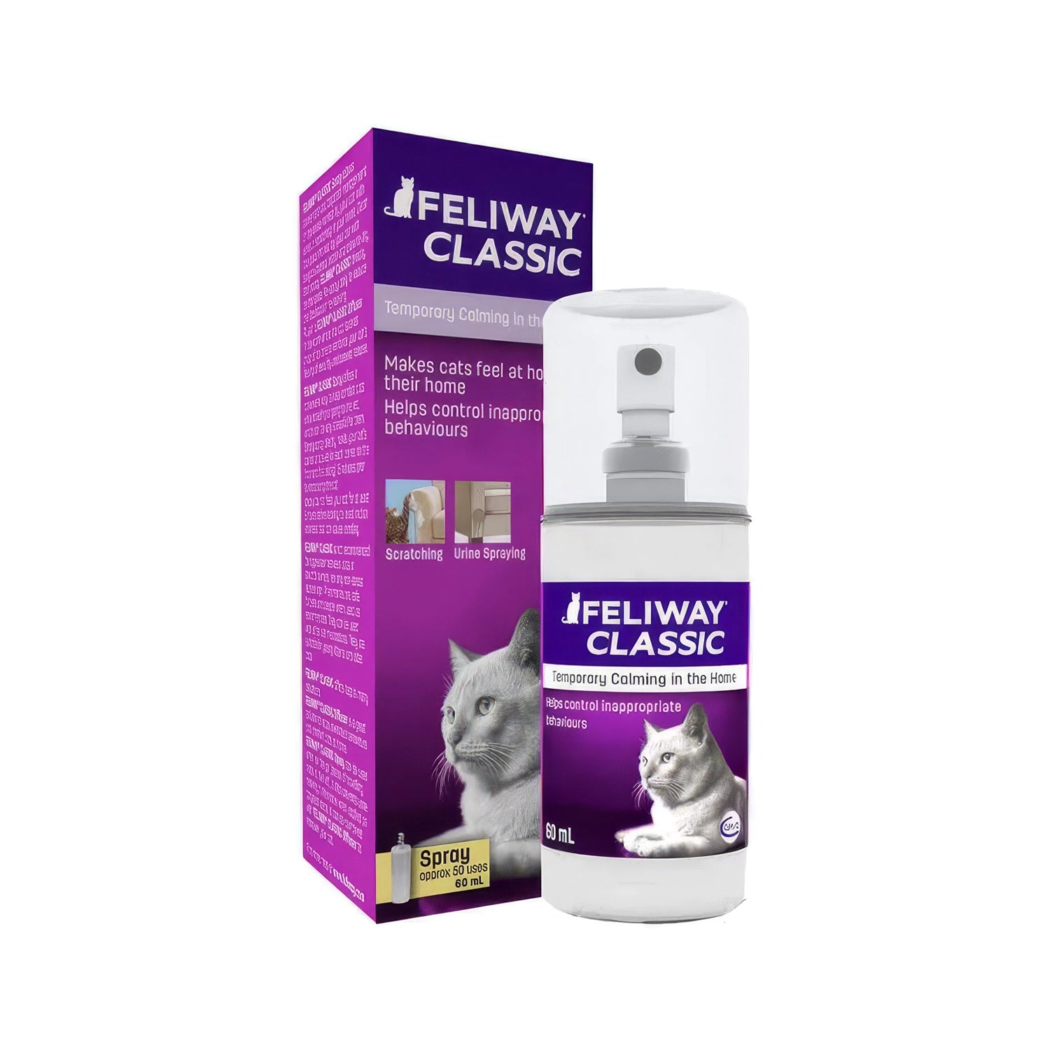 Feliway Classic Spray en envase de 60 ml con caja original, solución para ayudar a reducir estrés y marcaje en gatos.