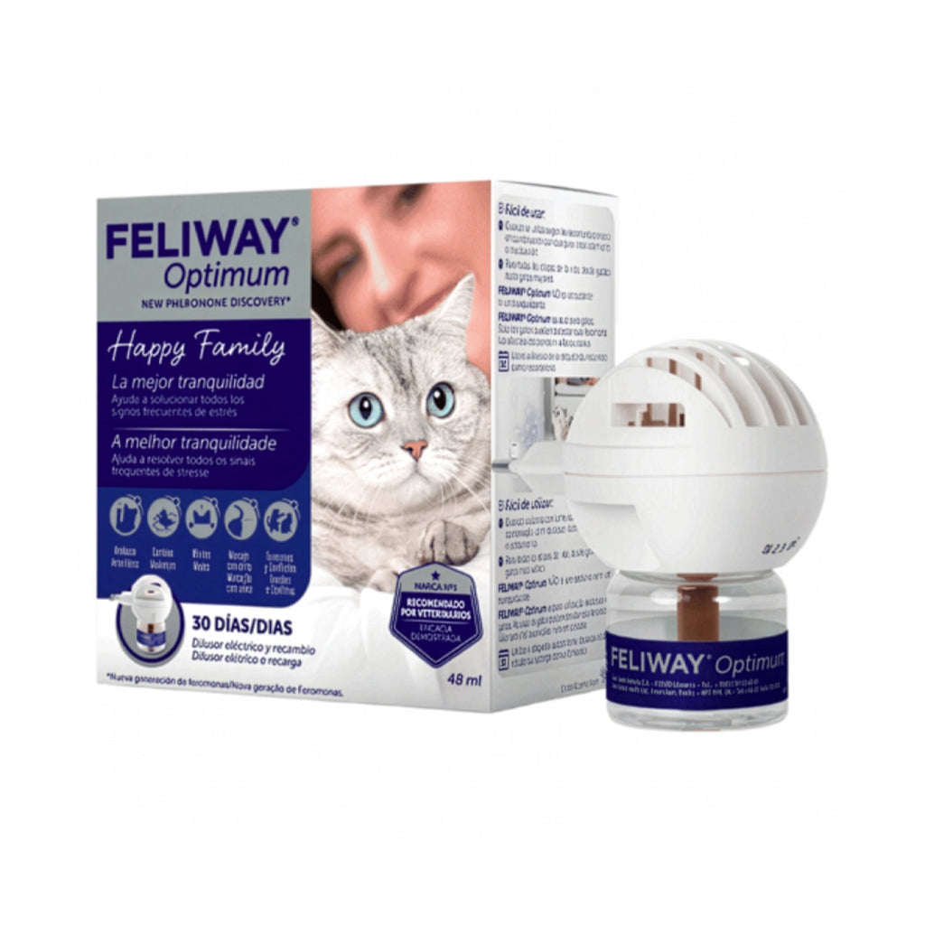 Feliway Optimum Difusor y Repuesto, kit para gatos con difusor eléctrico y recambio de feromonas de 48 ml para 30 días.