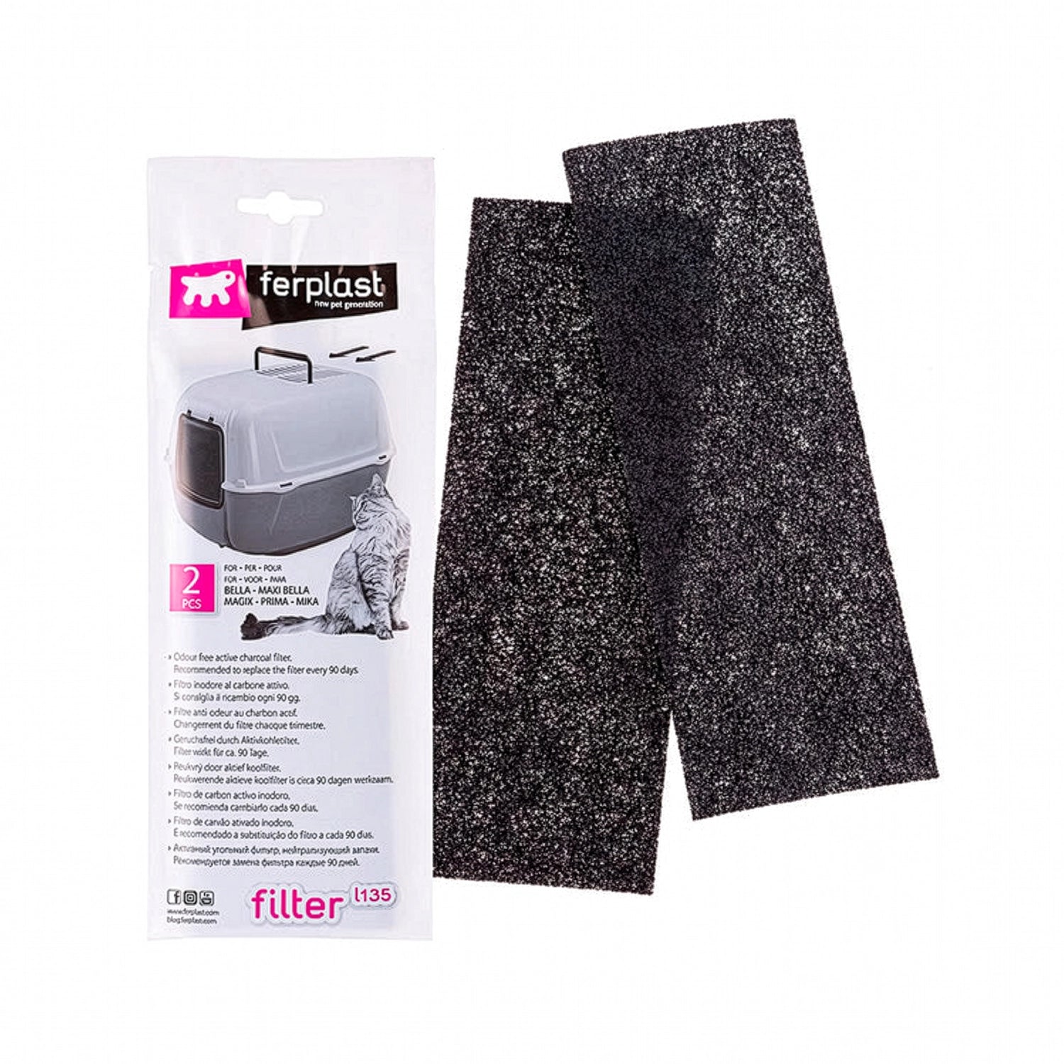 Filtro Carbón Activo para Baño Sanitario Ferplast con dos repuestos de carbón y envase original, ideal para controlar olores en areneros.