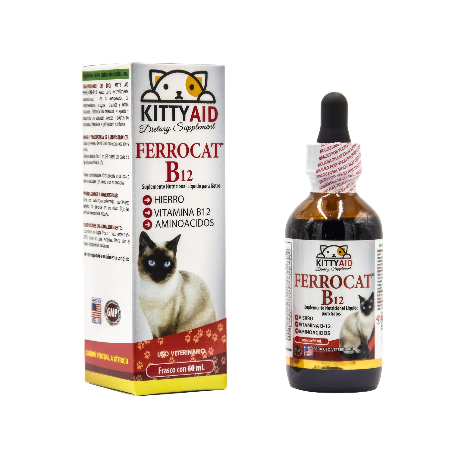 Kitty Aid Ferrocat 60 ml suplemento nutricional líquido para gatos, con hierro, vitamina B12 y aminoácidos, frasco y caja.