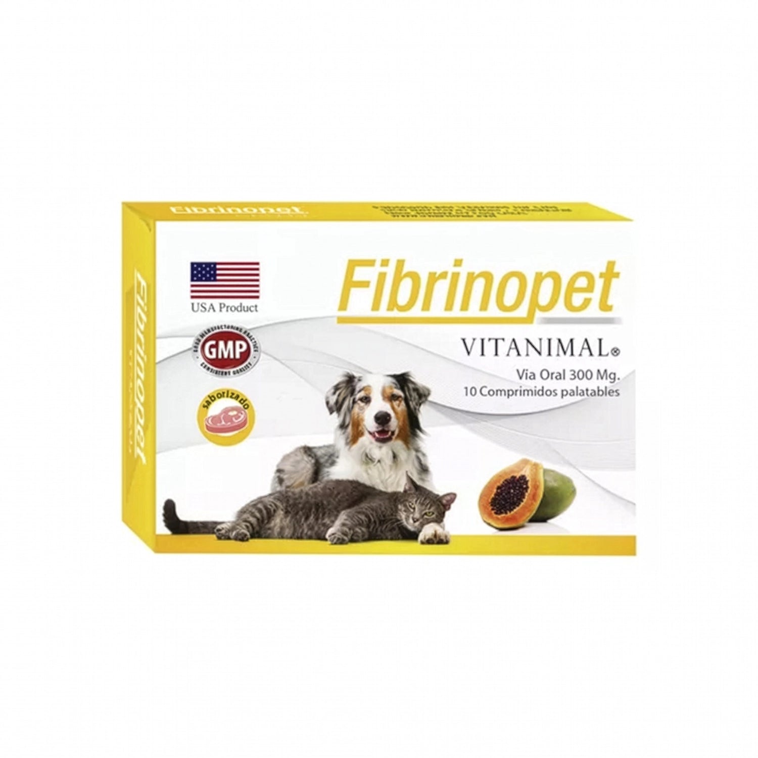 Fibrinopet Vitanimal suplemento oral para mascotas en presentación de 10 comprimidos con ilustraciones de perro y gato.