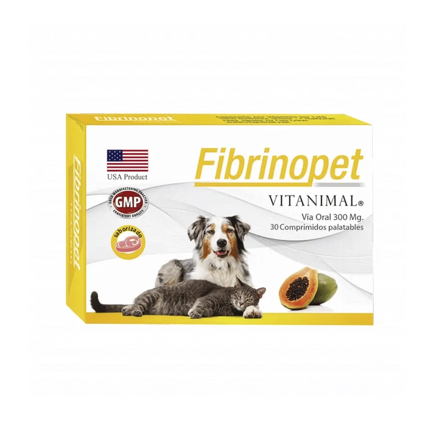 Fibrinopet Vitanimal suplemento oral para mascotas en presentación de 30 comprimidos con ilustraciones de perro y gato.