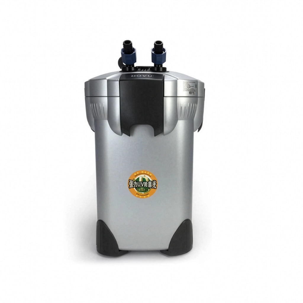 Filtro Externo con UV 5W Boyu 400 L/H, 450-650 L con diseño compacto, conexiones superiores y sistema de filtración para acuarios.