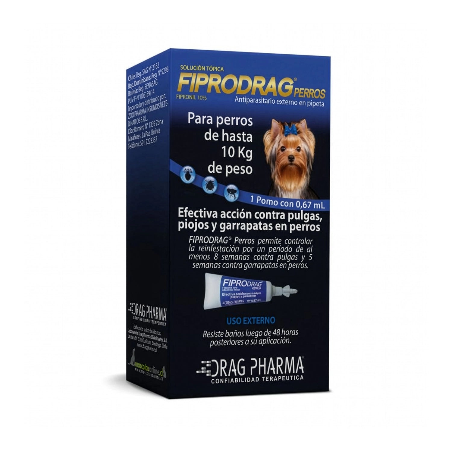 Fiprodrag para Perros, antiparasitario externo con fipronil 10% en pipeta de 0,67 ml para perros de hasta 10 kg.