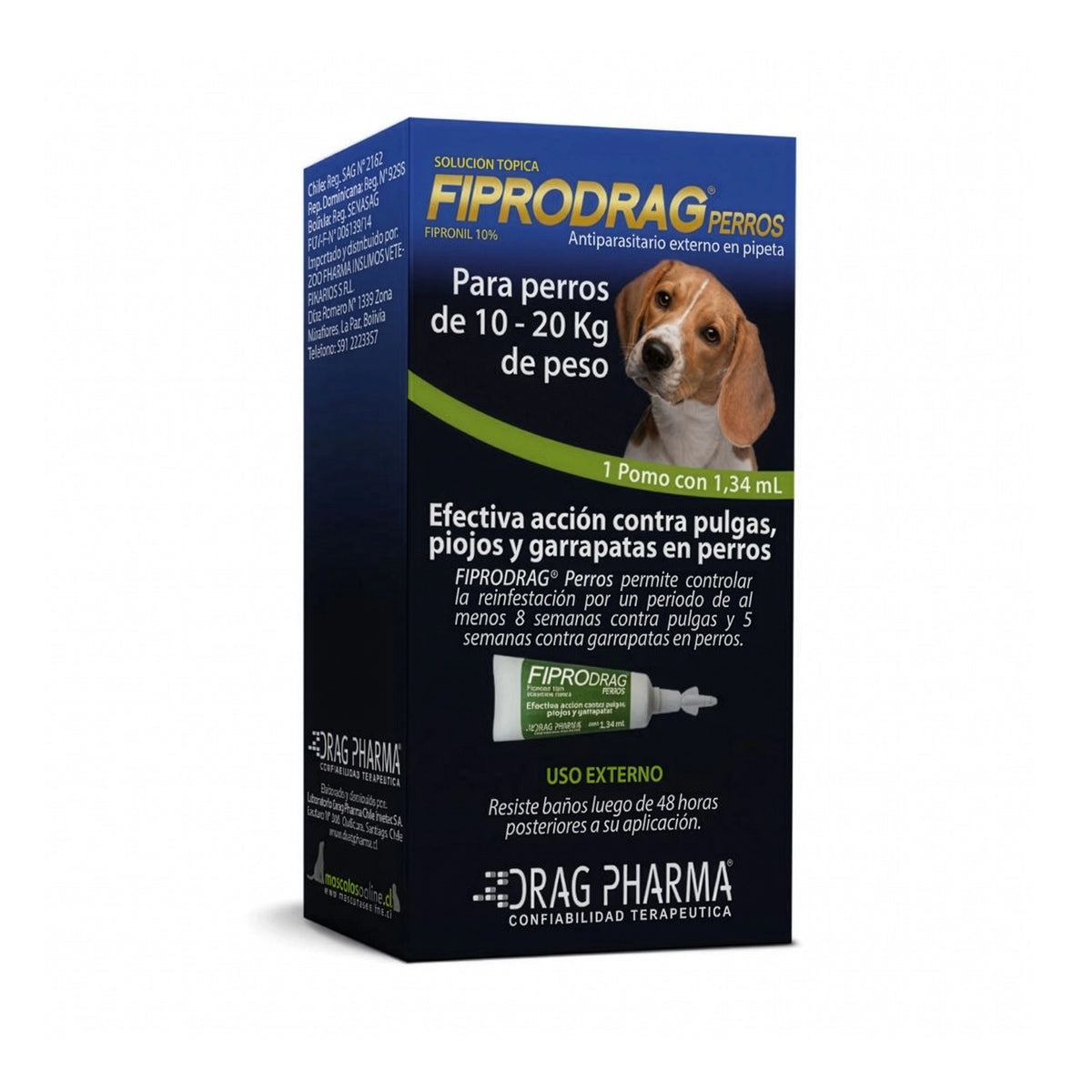 Fiprodrag para Perros, antiparasitario externo con fipronil 10% en pipeta de 1,34 ml para perros de hasta 10 kg a 20 Kg.