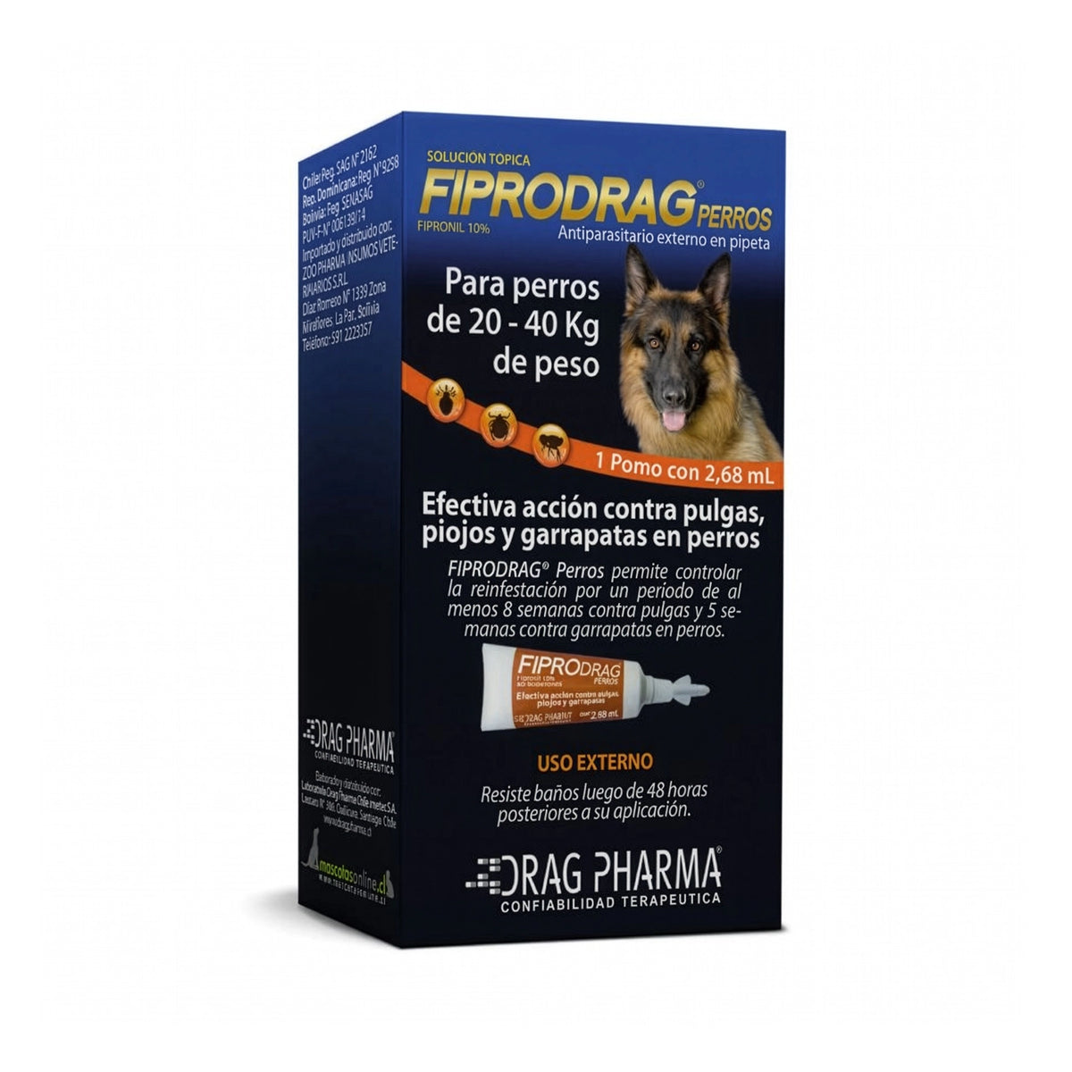 Fiprodrag para Perros, antiparasitario externo con fipronil 10% en pipeta de 2,68 ml para perros de hasta 20 kg a 40 Kg.