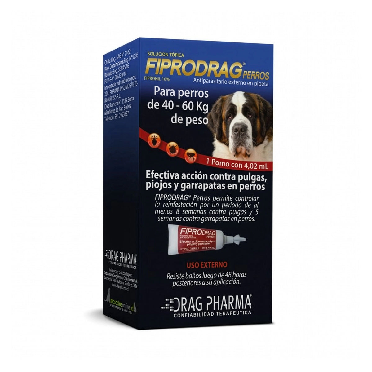 Fiprodrag para Perros, antiparasitario externo con fipronil 10% en pipeta de 4,02 ml para perros de mas de 40 Kg.