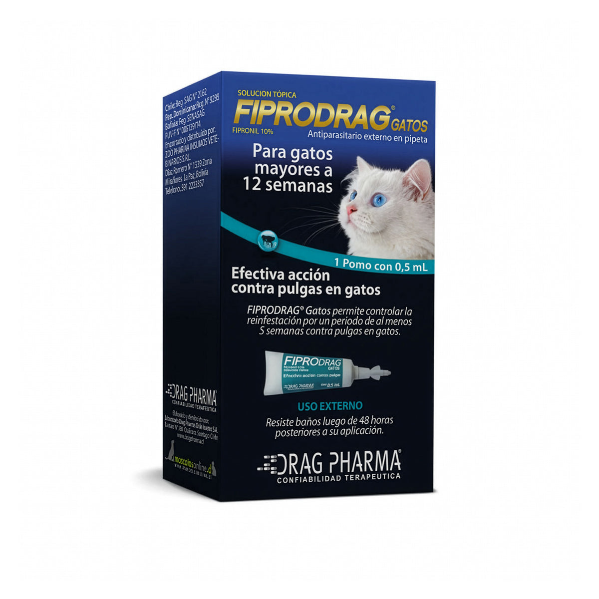 Fiprodrag para Gatos, antiparasitario externo con fipronil 10% en pipeta de 0,5 ml para gatos mayores de 12 semanas.