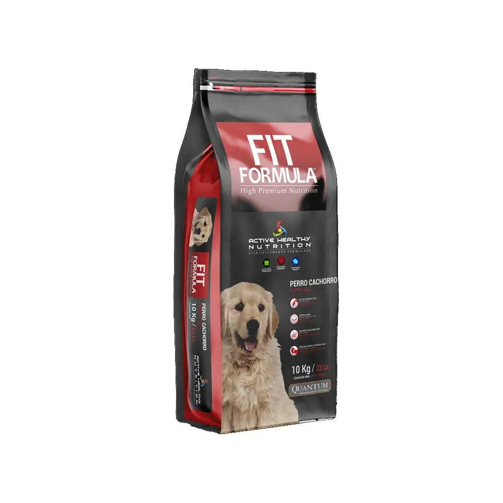 Fit Formula Cachorro alimento seco en bolsa negra y roja con imagen de perro cachorro, fórmula nutritiva para crecimiento y desarrollo