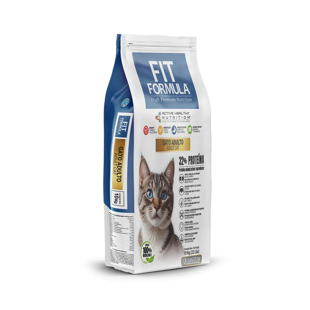 Fit Formula Gato Adulto alimento seco en bolsa blanca y azul con imagen de gato, fórmula con 32% proteína para nutrición diaria