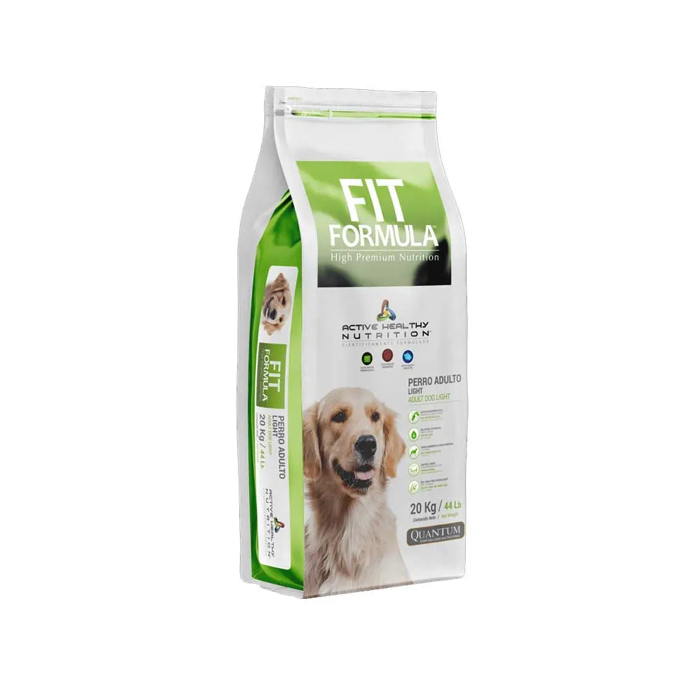 Fit Formula Perro Adulto Light 20 Kg alimento seco en bolsa blanca y verde con imagen de perro, fórmula baja en calorías