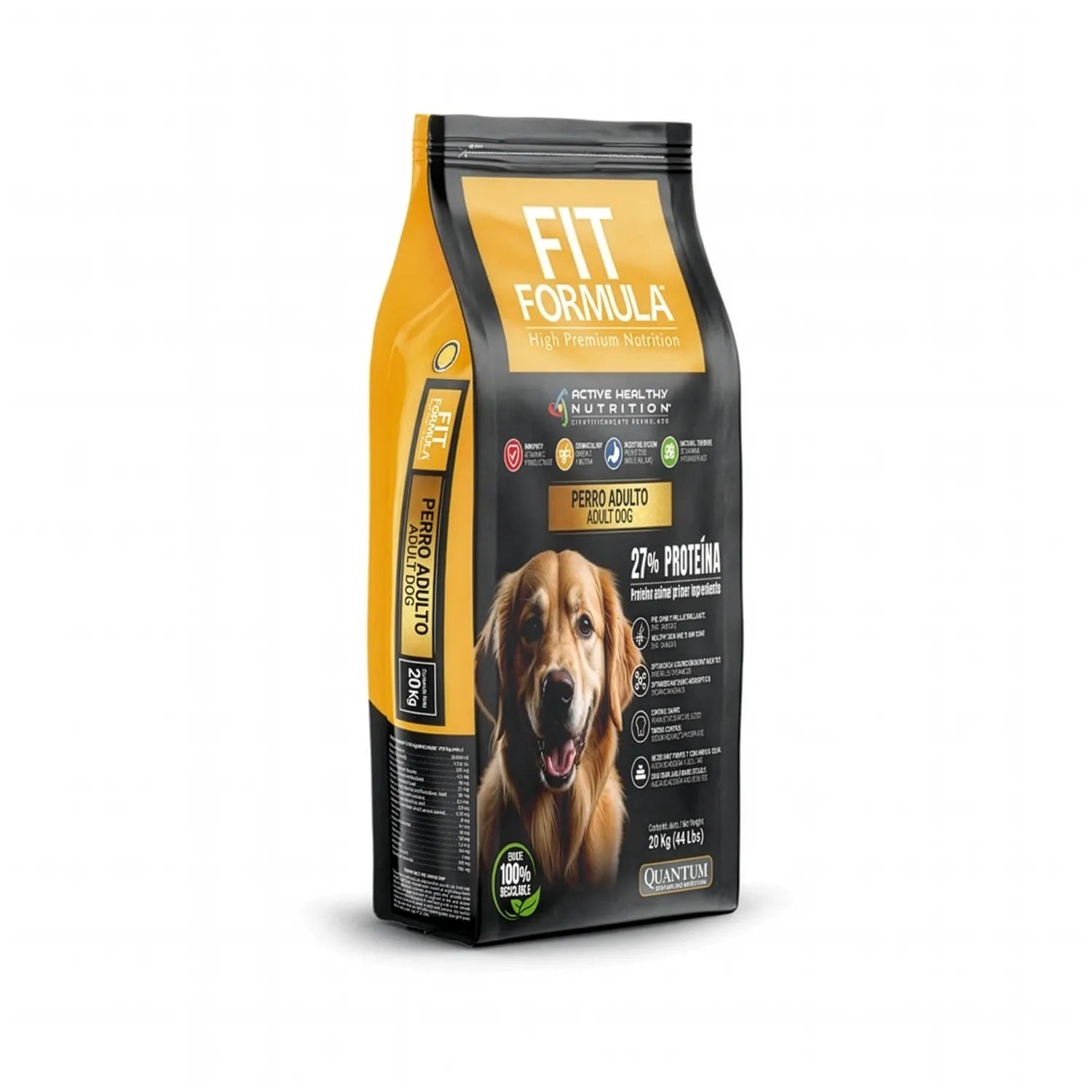 Fit Formula Perro Adulto 20 Kg alimento seco en bolsa negra y amarilla con imagen de perro, fórmula con 27% proteína para perros adultos