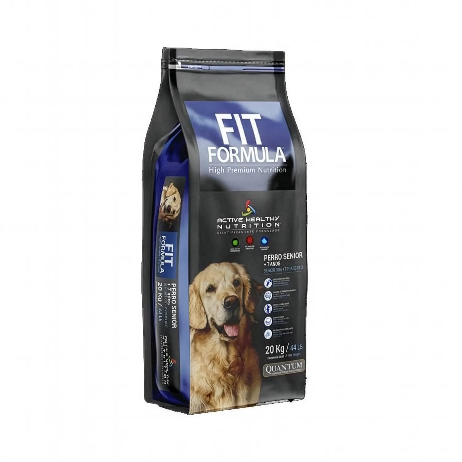 Fit Formula Perro Senior 20 Kg alimento seco en bolsa negra y azul con imagen de perro adulto mayor, fórmula para perros senior